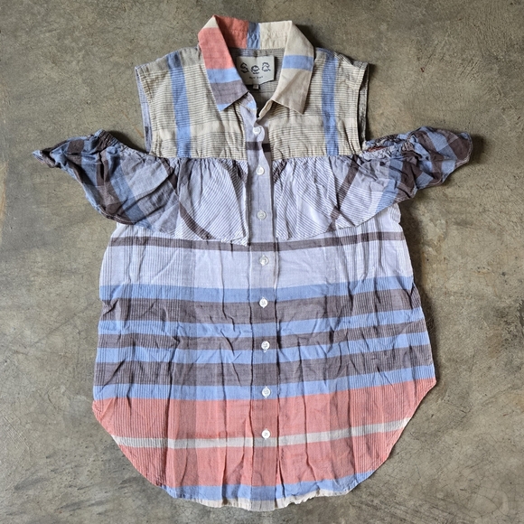 2 for $15 🎈SALE! Sea New York Plaid Ruffle Cold Shoulder Top 0 - Picture 2 of 12